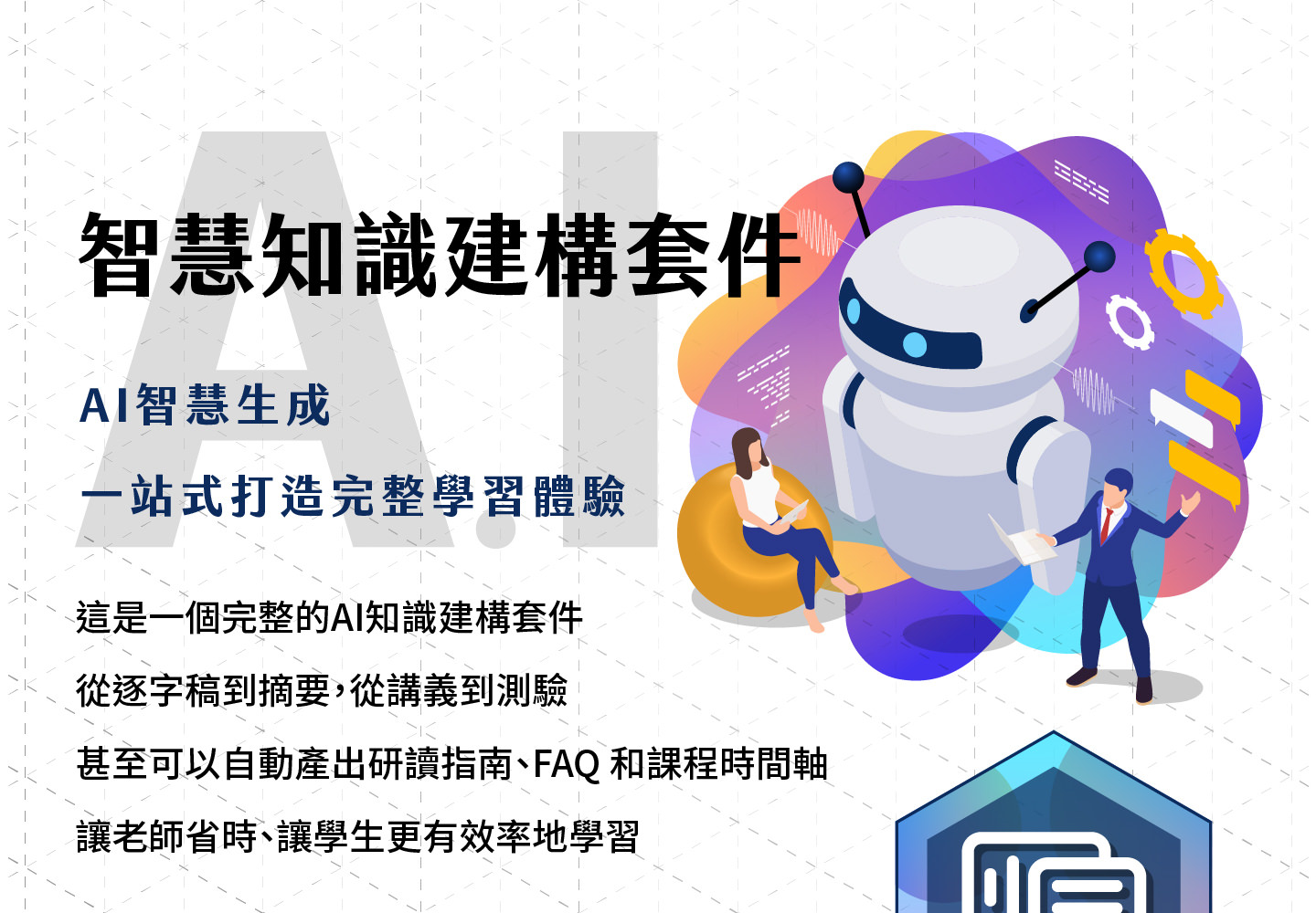 智能知识建构套件宣传图，主打AI智能生成与一站式完整学习体验，搭配机器人插图与师生交互场景，文本内容强调可从逐字稿到摘要、从讲义到测验，并能自动生成研读指南、FAQ与课程时间轴，帮助老师省时、学生高效学习。