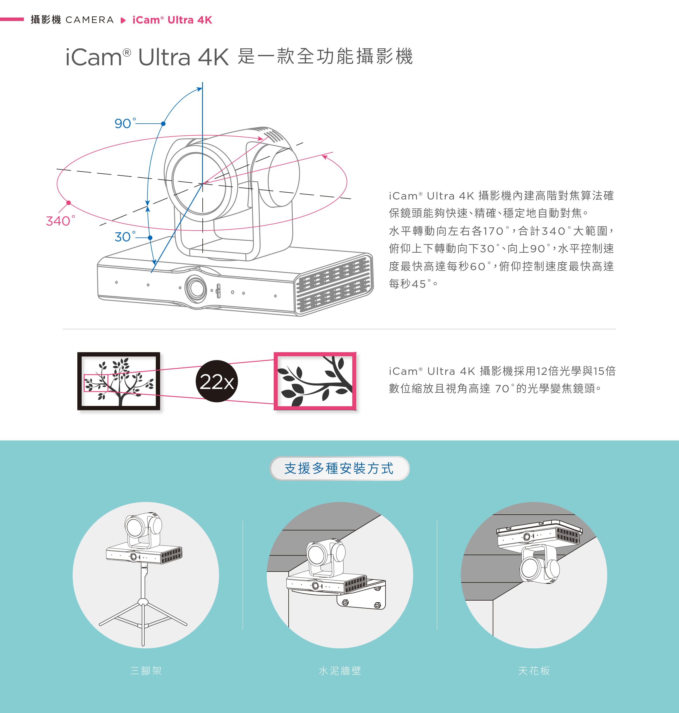 iCam Ultra 採用先進 AI 人形追蹤技術，可在單台攝影機下自動切換多位講者追蹤，或由多台攝影機分工追蹤不同對象，確保畫面不混淆不中斷，特別適用於教育講座、研討會與實況轉播，搭載 4K 高解析畫質與精準追焦與定位演算，免人力控鏡也能同步拍攝多位講者，是自動化錄影系統中不可或缺的專業級 4K 自動追蹤攝影機。