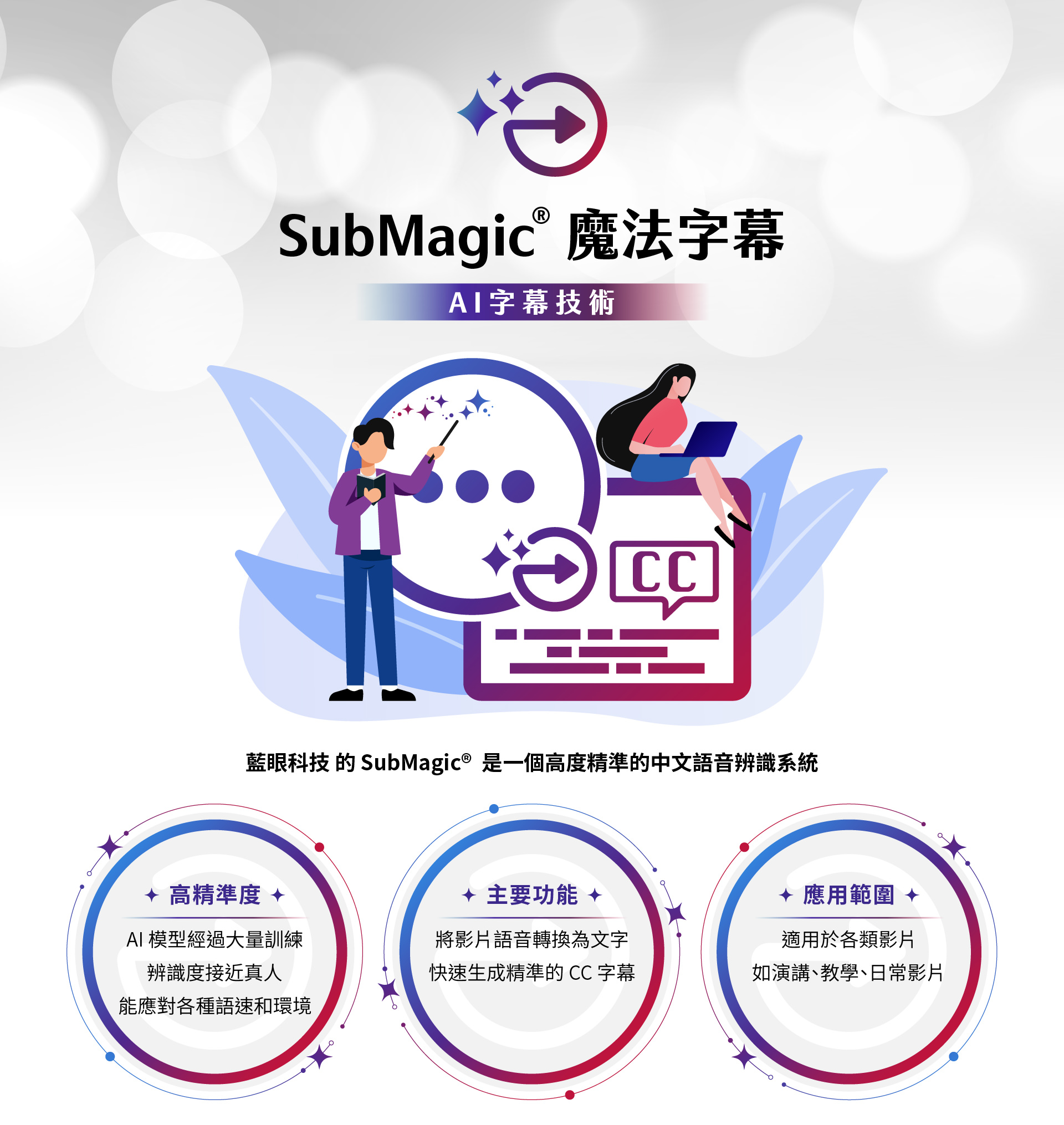 SubMagic魔法字幕,運用先進AI語音辨識技術,能快速、精準地將語音轉換為字幕,無論是演講、教學還是日常影片,都能生成高品質的CC字幕。適用於各種影片場景,提升觀看體驗,讓語音與文字無縫結合,輕鬆實現跨語言的交流與學習。